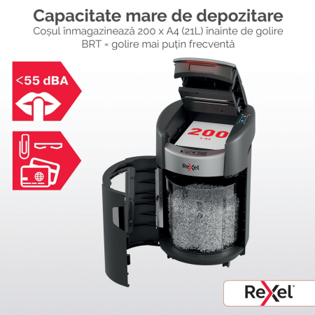 Distrugator documente automat REXEL SHREDMAX 200M, P5, micro-cut (particule), 200 coli, cos 21L negru-gri [4]