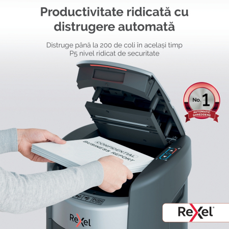 Distrugator documente automat REXEL SHREDMAX 200M, P5, micro-cut (particule), 200 coli, cos 21L negru-gri [2]