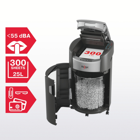 Distrugator documente automat REXEL SHREDMAX 300M, P5, micro-cut (particule), 300 coli, cos 25L negru- gri [3]