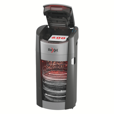 Distrugatoare documente - Distrugator documente automat REXEL SHREDMAX 600M, P5, micro-cut (particule), 600 coli, cos 50L, negru-gri