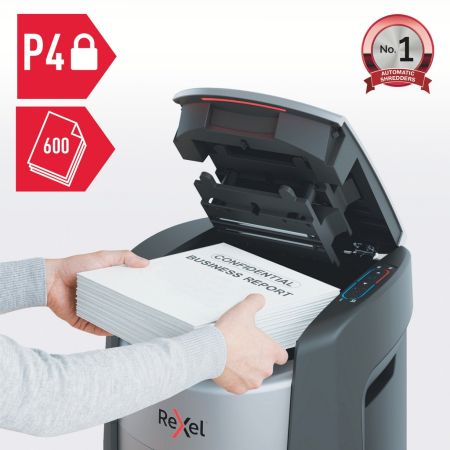 Distrugator documente automat REXEL SHREDMAX 600X, P4, cross-cut (confeti), 600 coli, cos 50L, negru-gri [1]