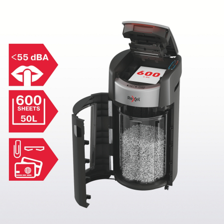 Distrugator documente automat REXEL SHREDMAX 600X, P4, cross-cut (confeti), 600 coli, cos 50L, negru-gri [3]