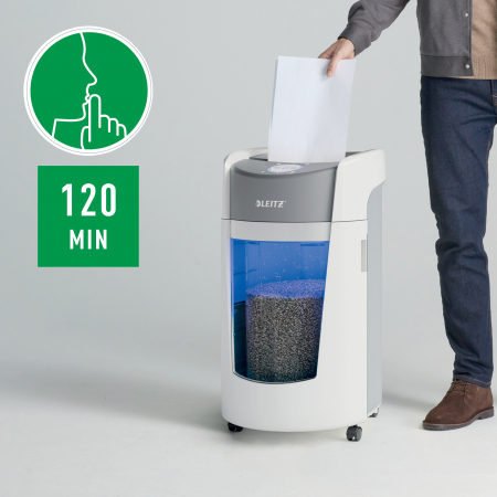 Distrugator documente manual Leitz IQ OptiMax Office, P5, micro-cut (particule), 10 coli, cos 35l, alb-gri [4]