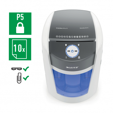 Distrugator documente manual Leitz IQ OptiMax Office, P5, micro-cut (particule), 10 coli, cos 35l, alb-gri [3]