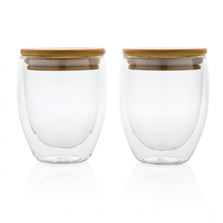 Set 2 pahare cu perete dublu din sticla borosilicata cu capac bambus, 250ml [2]
