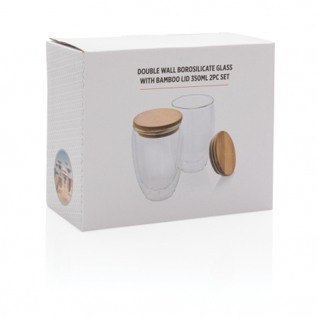 Set 2 pahare cu perete dublu din sticla borosilicata cu capac bambus, 350ml [11]