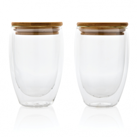 Set 2 pahare cu perete dublu din sticla borosilicata cu capac bambus, 350ml [2]