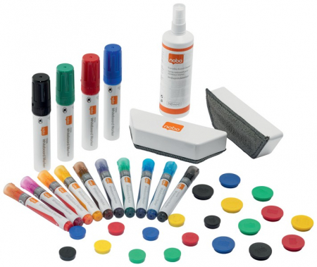 Kit accesorii NOBO Move & Meet, pentru sistemul mobil, include 14 markere, 20 magneti, 2 bureti si spray de curatare 250 ml [1]