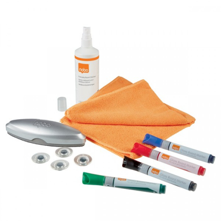 Comunicare si prezentare - Kit pentru tabla NOBO din sticla, 4 markere, burete magnetic, laveta microfibra, spray curatare 250 ml, 4 magneti