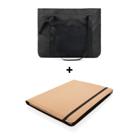 Pachete Cadou Premium - Pachet Cadou Digital Nomad Geanta maxi tote reciclata + Mapa A4 deluxe din pluta naturala cu agenda si pix