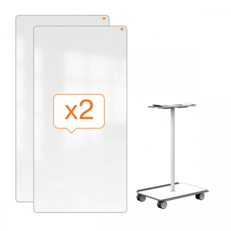 Sistem mobil NOBO Move & Meet, 180x90 cm, include 2 table magnetice cu rame gri, 2 tavite detasabile si kit accesorii, alb [1]