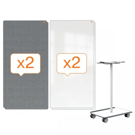 Sistem mobil NOBO Move & Meet, 180x90 cm, include 4 table magnetice cu rame gri, 2 tavite detasabile si kit accesorii, alb-gri [1]