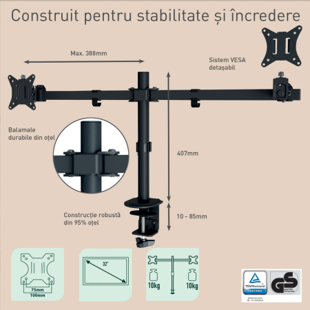 Suport pentru monitor Leitz Ergo, 2 brate ajustabile, cu fixare pe birou, gri-carbune [5]