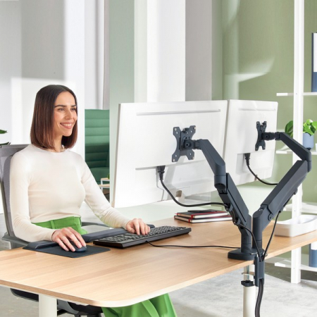 Suport pentru monitor Leitz Ergo, 2 brate ajustabile si extensibile, cu fixare pe birou, gri-carbune [7]
