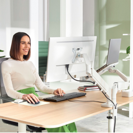 Suport pentru monitor Leitz Ergo, 2 brate ajustabile si extensibile, cu fixare pe birou, suport pentru laptop inclus, gri [10]