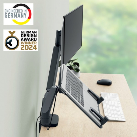Suport pentru monitor Leitz Ergo, 2 brate ajustabile si extensibile, cu fixare pe birou, suport pentru laptop inclus, gri-carbune [1]