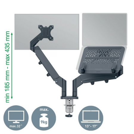 Suport pentru monitor Leitz Ergo, 2 brate ajustabile si extensibile, cu fixare pe birou, suport pentru laptop inclus, gri-carbune [3]