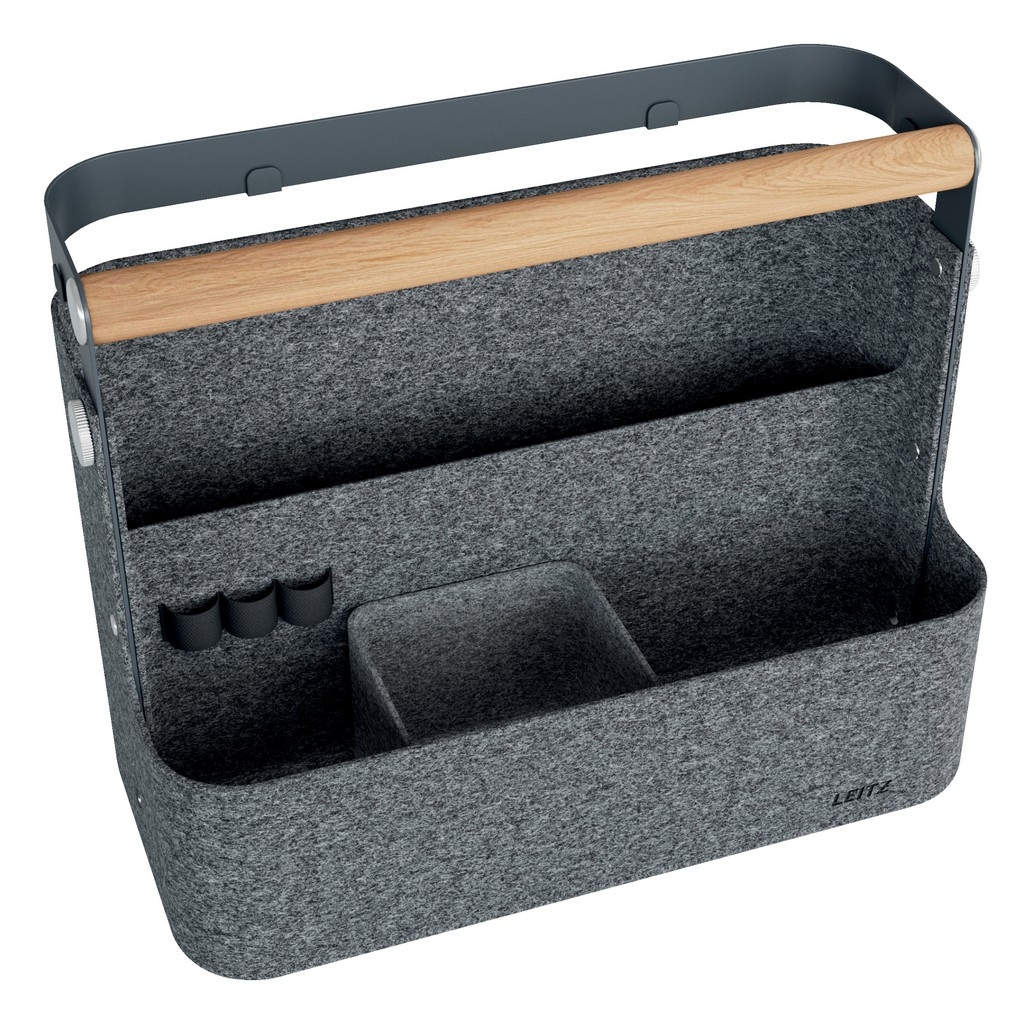 suport stalpi lemn Cutie portabila cu organizator textil cu suport prindere birou si maner din lemn, negru, Leitz