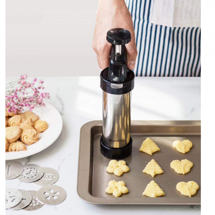 Aparat tip pistol, pentru biscuiti si ornare patiserie, 21 accesorii, inox, Quttin [2]
