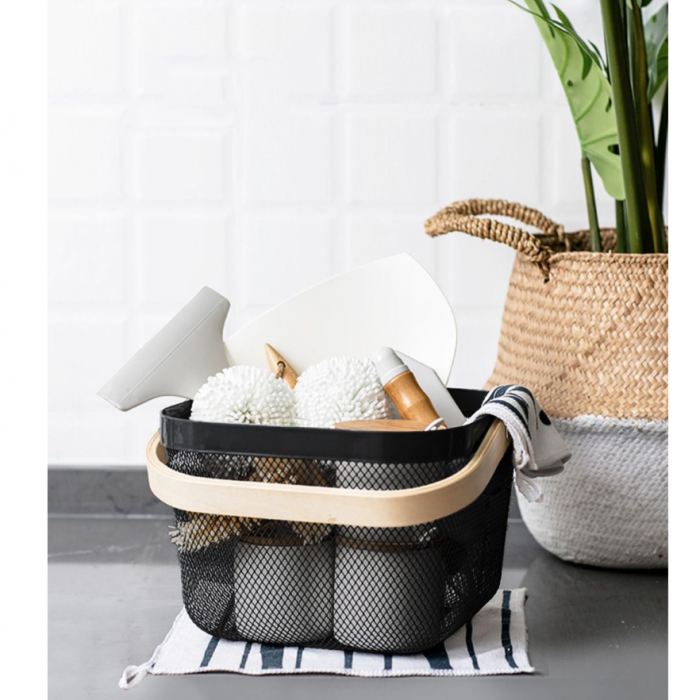 Cos de metal cu maner din bambus pentru organizare, baie, curatenie, negru, 25x26x18cm, Confortime [2]