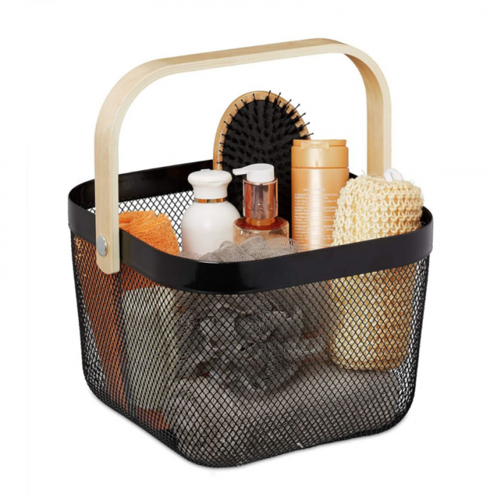 Cos de metal cu maner din bambus pentru organizare, baie, curatenie, negru, 25x26x18cm, Confortime [3]