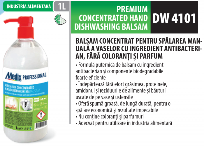 Detergent de vase concentrat cu balsam pentru spălatul manual al veselei cu ingredient antibacterian, 1 litru, Medix Professional [2]