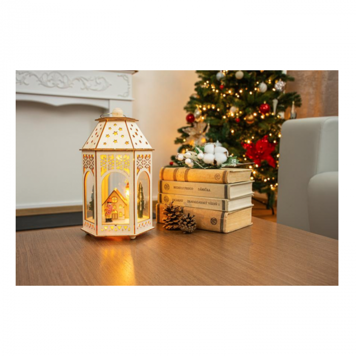Felinar decorativ cu tema de iarna pentru Craciun, MagicHome, alb, 2xAA, lemn, 9 de leduri, 16,5x14x30 cm [2]