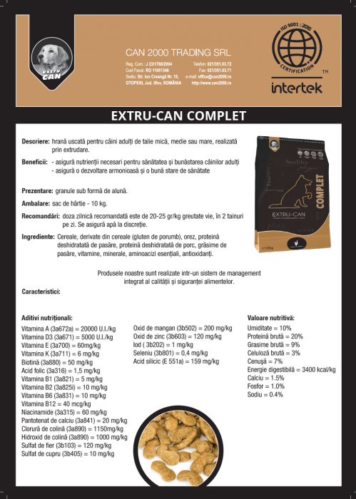 Hrana uscata cu pui pentru caini adulti, Extru Can Complet, 10 Kg [2]
