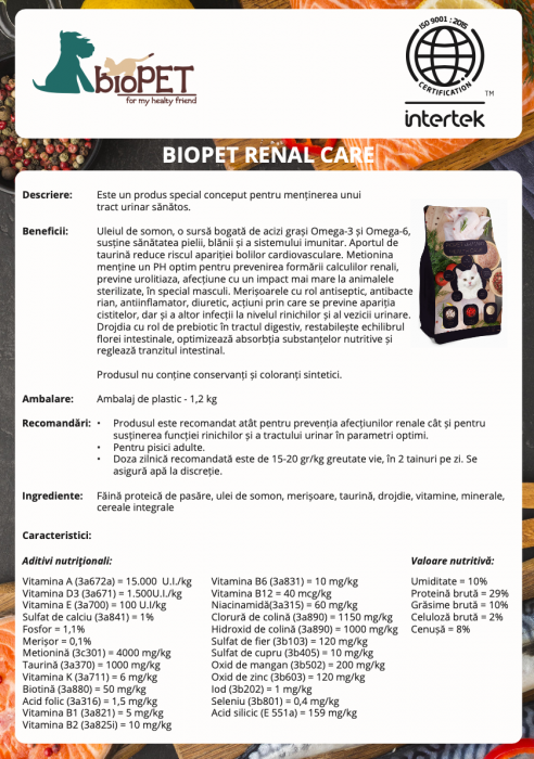 Hrana uscata cu pui pentru pisici sterilizate, cu probleme renale sau probleme ale tractului urinar, Biopet Renal Health Care, 1.2 Kg [2]