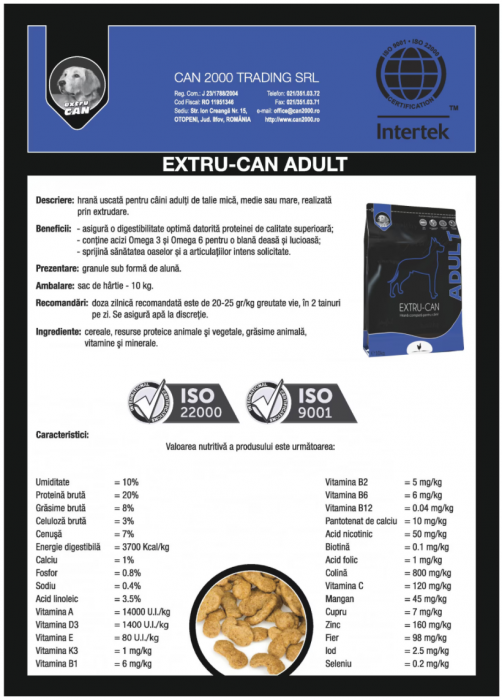 Hrana uscata pentru caini adulti de talie mica, medie sau mare, Extru Can, cu pui, 10 kg [3]
