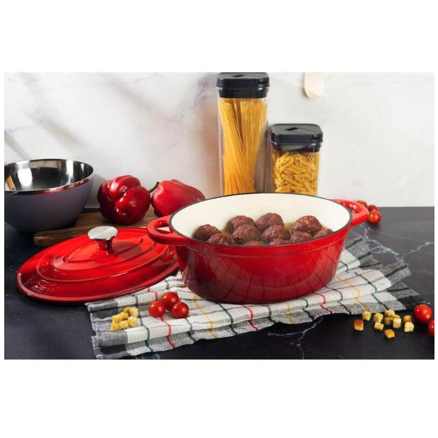 Oala de fonta ovala, emailata cu capac, maner din inox, rosie, 4.4 L, Magic Home [3]