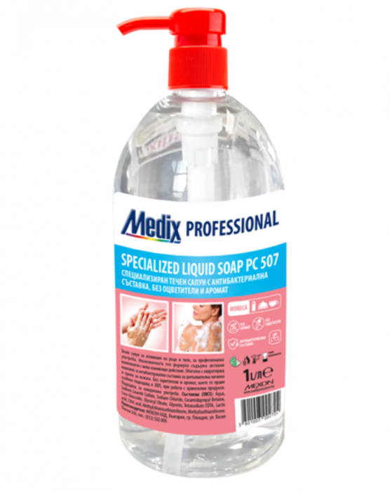 Săpun lichid specializat cu ingredient antibacterian, fără coloranți și arome, 1 litru, Medix Professional [1]