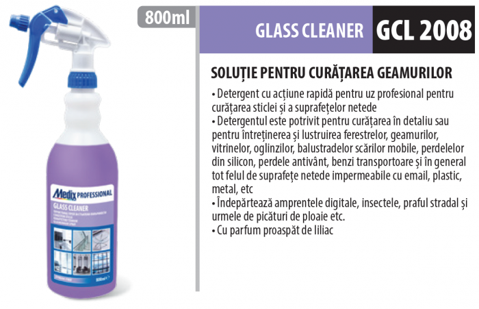 Soluție profesionala de curățare și lustruire cu pompită pentru geamuri, suprafețe netede si sticlă 800 ml cu miros de liliac, GCL 2008, Medix Profesional [2]