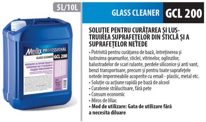 Solutie de curățare și lustruire pentru suprafețe netede si sticla 5L cu miros de liliac, GCL 200, Medix Professional [2]