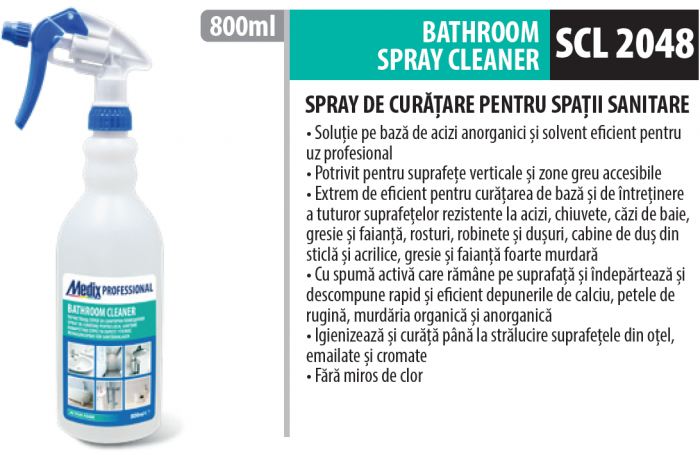 Solutie pentru curatarea bailor fara miros de clor, spray, anti calcar/rugina/pete, 800 ML, Medix Professional [2]