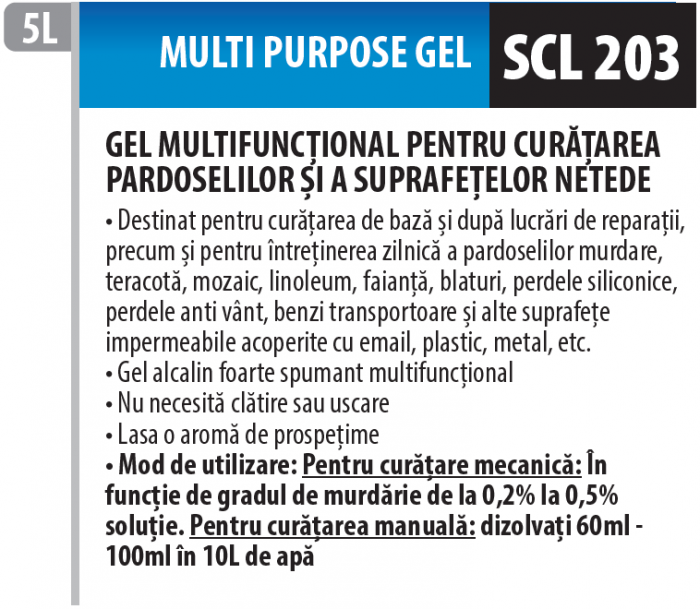 Solutie super concentrata de curatare multi-suprafete pentru podele si pardoseli netede SCL 203, gel,  5 L, Medix Profesional [2]