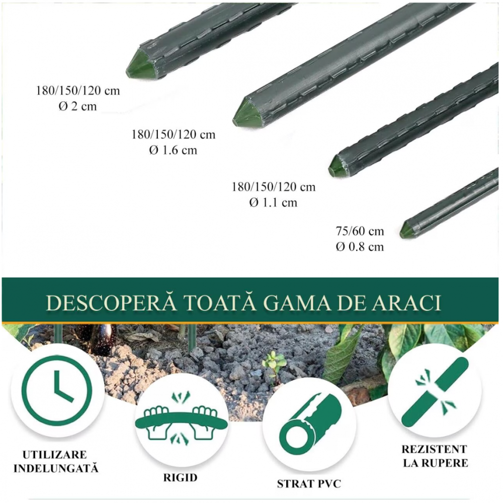 Suport/arac pentru plante, rosii, metal + PVC, verde, 1.6x120 cm, Strend Pro [4]