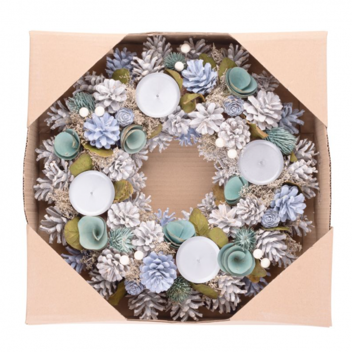 Suport pentru lumanari in forma de coronita decorativa din flori textile si conuri de brad, 38 cm, crem-albastru, MagicHome [2]