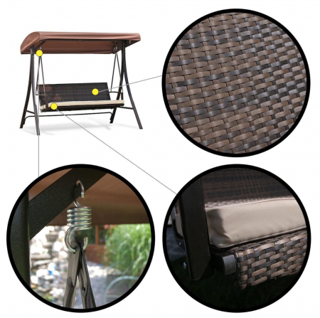 Balansoar gradina, 3 locuri, maro, ratan sintetic, 201x122x182 cm [3]