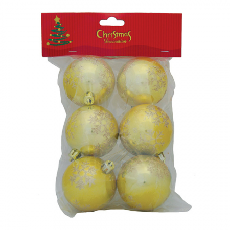 Globuri - Set 6 globuri galbene cu imprimeu de fulg din sclipici