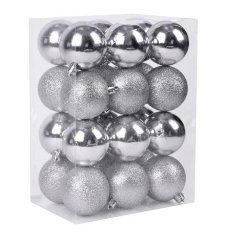 Globuri - Set 24 de globuri argintii pentru Craciun din plastic, diametru 6 cm, magic home