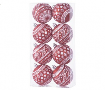 Globuri - Set 8 globuri rosii cu ornamente albe, magic home