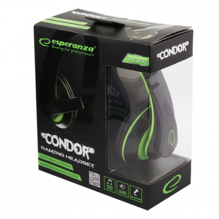 Casti audio de gaming Esperanza Condor XY909 , Microfon incorporat, Tehnologie cu fir , Sunet stereo, Semnal zgomot 105 db , Supraariculare, Cablu de 2 m , Negru/Verde [2]