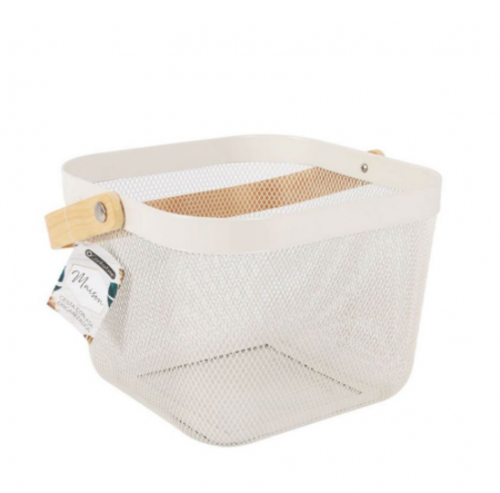Cos de metal cu maner din bambus pentru organizare, baie, curatenie, alb, 25x26x18cm, Confortime [0]