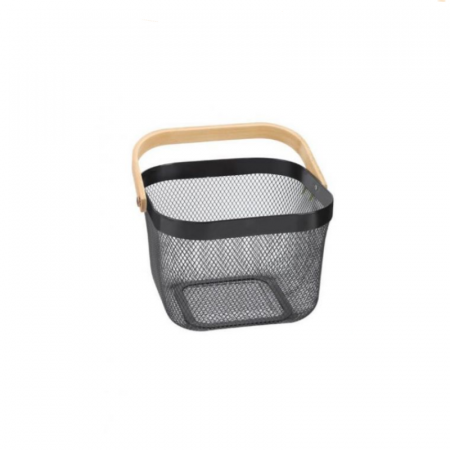 Cos de metal cu maner din bambus pentru organizare, baie, curatenie, negru, 25x26x18cm, Confortime [0]