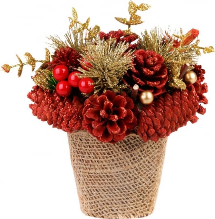 CRACIUN - Decoratiune Ikebana MagicHome Crăciun cu conuri de brad rosii, naturală, 17x17 cm