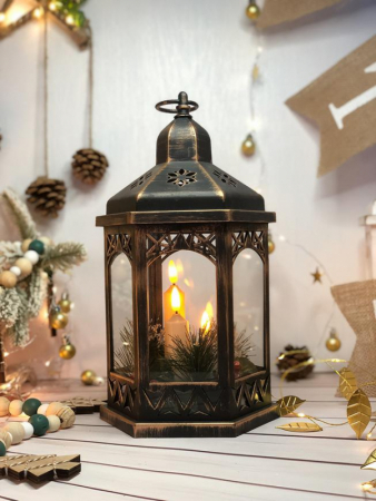 Felinar cu lumanari led, bronz, pentru Craciun, MagicHome, alb, 3xAAA, plastic, 18x15x32 cm [0]