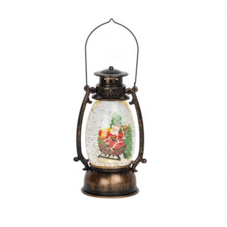 Felinar led cu Mos Craciun in sanie, decorativ, de Craciun, aramiu, 3xAA, plastic, 13x11x24/35 cm [0]