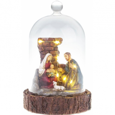 Figurine si decoratiuni Craciun - Figurina luminoasa cu tema craciun la Betleem in cupola de sticla, led, lumina calda, 2xAAA, 11.80x11.80x19 cm, MagicHome