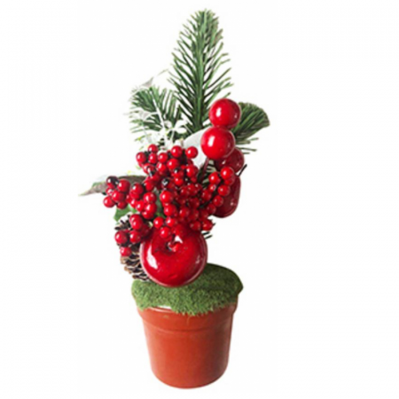 Figurine si decoratiuni Craciun - Ghiveci decorativ cu brad, mar si macese pentru Craciun, artificial, 25 cm inaltime, MagicHome